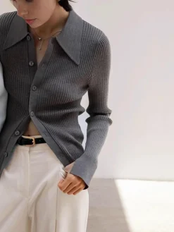 Ribbed Lapel Slim Cardigan