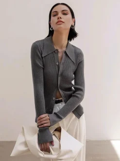 Ribbed Lapel Slim Cardigan