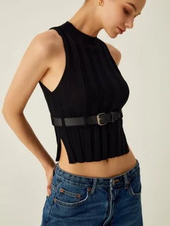 Ribbed Mock Neck Tank Top With Leather Belt