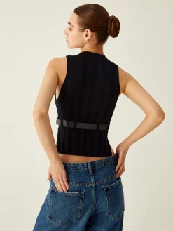 Ribbed Mock Neck Tank Top With Leather Belt