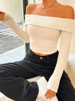 Ribbed Off-Shoulder Crop Blouse