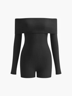 Ribbed Off-Shoulder Plain Jumpsuit