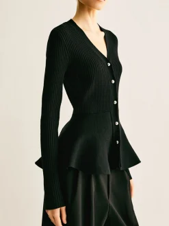 Ribbed Panel Bud Waist Button Knit Top