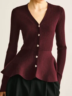 Ribbed Panel Bud Waist Button Knit Top
