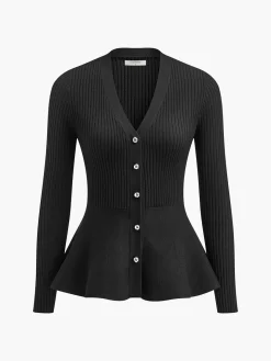 Ribbed Panel Bud Waist Button Knit Top
