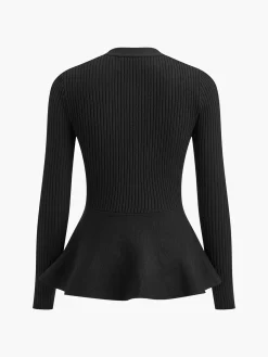 Ribbed Panel Bud Waist Button Knit Top