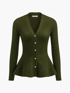 Ribbed Panel Bud Waist Button Knit Top