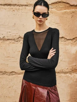 Ribbed Panel Sheer Blouse
