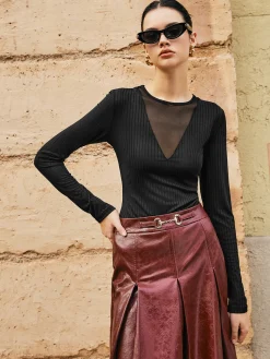 Ribbed Panel Sheer Blouse