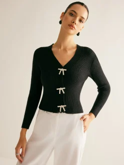 Ribbed Rhinestone Bow Slim Cardigan