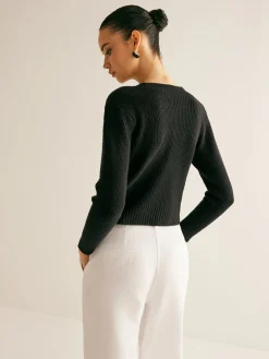 Ribbed Rhinestone Bow Slim Cardigan