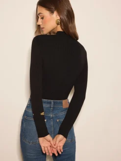 Ribbed Sheer-Detail Skinny Sweater