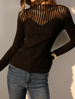 Ribbed Sheer-Shoulder Knit Top