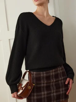 Ribbed V-Neck Bow Sweater