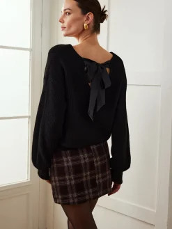 Ribbed V-Neck Bow Sweater