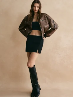 Ribbed-Cuff Zipper PU Leather Jacket