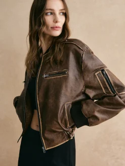 Ribbed-Cuff Zipper PU Leather Jacket
