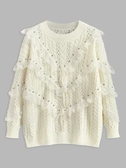 Romance Lace Trim Beaded Sweater