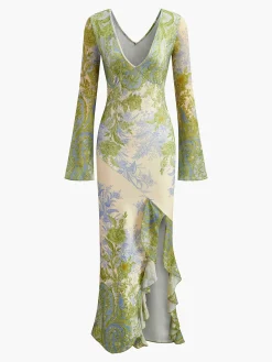 Romance V-Neck Printed Ruffle Dress
