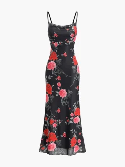 Roses Print Floral Cami Long Dress