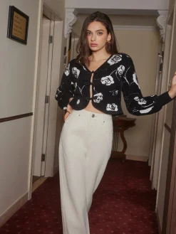 Rosette Knot-Button Crop Cardigan