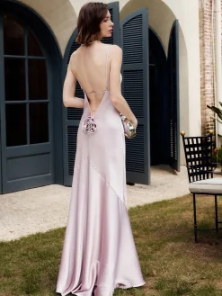 Rosette Pleated Backless Cami Long Dress