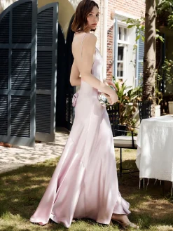 Rosette Pleated Backless Cami Long Dress
