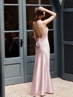 Rosette Pleated Backless Cami Long Dress