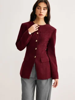 Round Neck Button Corduroy Blouse