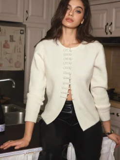 Round Neck Knot-Button Knit Top
