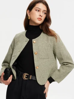 Round Neck Pockets Tweed Jacket