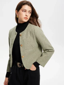 Round Neck Pockets Tweed Jacket