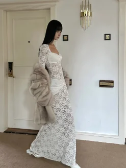 Ruched Lace Panel Long Dress