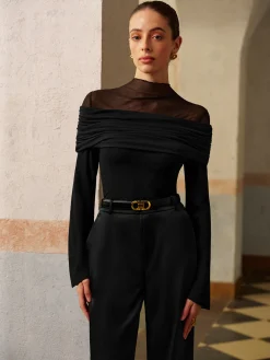 Ruched Mesh Panel Jersey Top