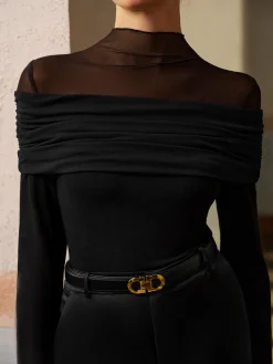 Ruched Mesh Panel Jersey Top