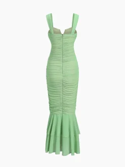 Ruched Mesh Zippered Long Dress
