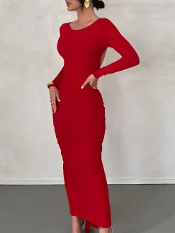 Ruched Open Back Long Sleeve Maxi Dress
