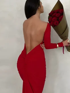 Ruched Open Back Long Sleeve Maxi Dress