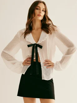 Ruffle Neck Pinstripe Semi-Sheer Shirt