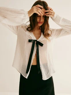 Ruffle Neck Pinstripe Semi-Sheer Shirt