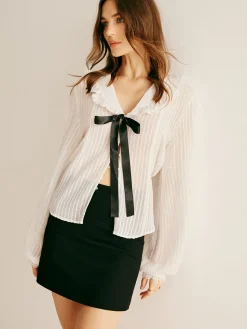 Ruffle Neck Pinstripe Semi-Sheer Shirt