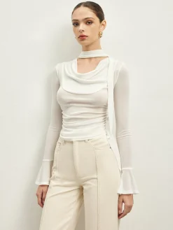 Ruffle Sheer Draped Jersey T-Shirt