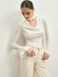 Ruffle Sheer Draped Jersey T-Shirt