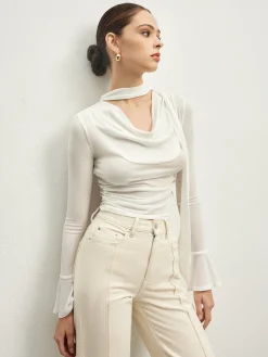 Ruffle Sheer Draped Jersey T-Shirt