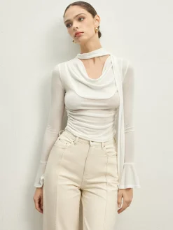 Ruffle Sheer Draped Jersey T-Shirt