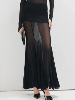 Ruffle Sheer Panel Maxi Skirt