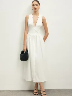 Ruffle Trim Neck Button Sleeveless Dress