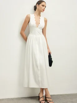 Ruffle Trim Neck Button Sleeveless Dress