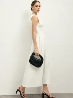 Ruffle Trim Neck Button Sleeveless Dress