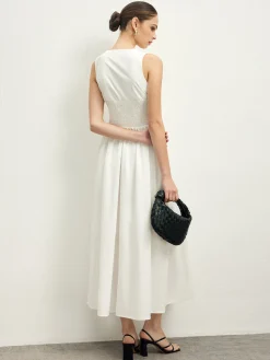 Ruffle Trim Neck Button Sleeveless Dress